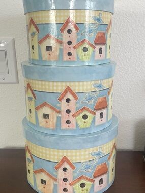 Decorative Nesting Boxes (3) with Birdhouse Motif, 7-8” Diameter, 5-5-1/2” high